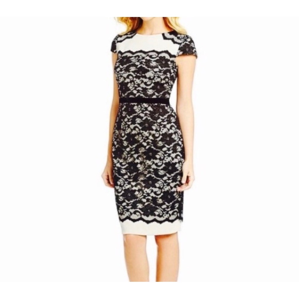 Antonio Melani Black Cream Floral Lace Cap Sleeve Sheath‎ Dress Size 4